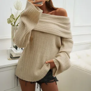 Solid Off-Shoulder Sweater Loose Slash Neck Long Sleeve Knitted Pullovers