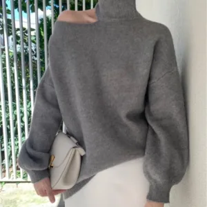 Women Fashion Off Shoulder Sweater High Collar Knitted Pullover