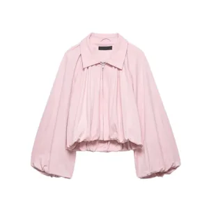 YENKYE New 2026 Women Pink Puff Sleeve Pleated Bomber Jacket Front Zipper Casual Loose Crop Coat - AliExpress
