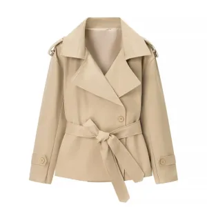 Women's Beige Double Breasted Short Trench Coat with Belted Lapel Cropped Windbreaker Jacket for Spring Elegant Office Outerwear - AliExpress
